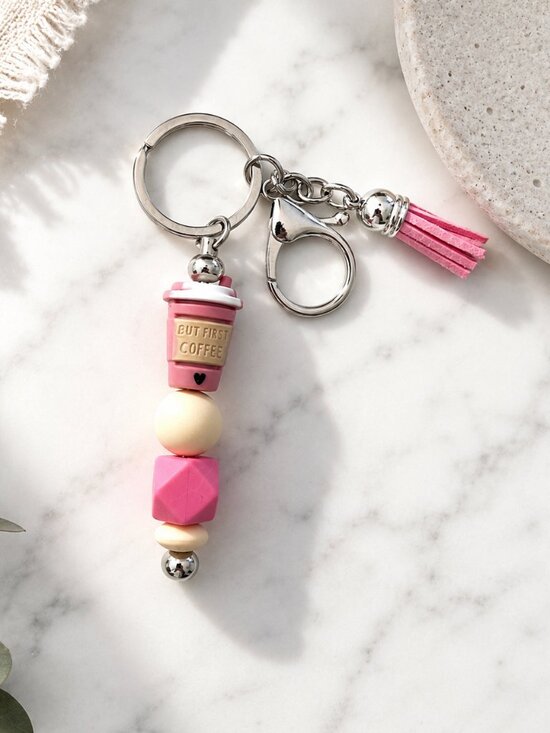 Handmade Accessories - "But First Coffee" Charm Keychain, Pink